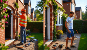 Split image of a pro tradesperson and frustrated DIYer doing summer home repairs outside a UK brick house with garden backdrop.