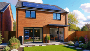Eco-friendly British semi-detached home with solar panels, wood cladding, and sustainable landscaping on a sunny spring day.