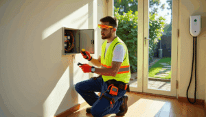 Electrician installs wiring in a modern home on a sunny day, emphasizing safety and smart electrical upgrades.