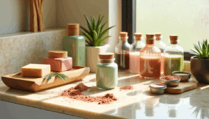 Eco-friendly beauty products arranged on a modern bathroom counter with natural materials and soft, earthy tones.