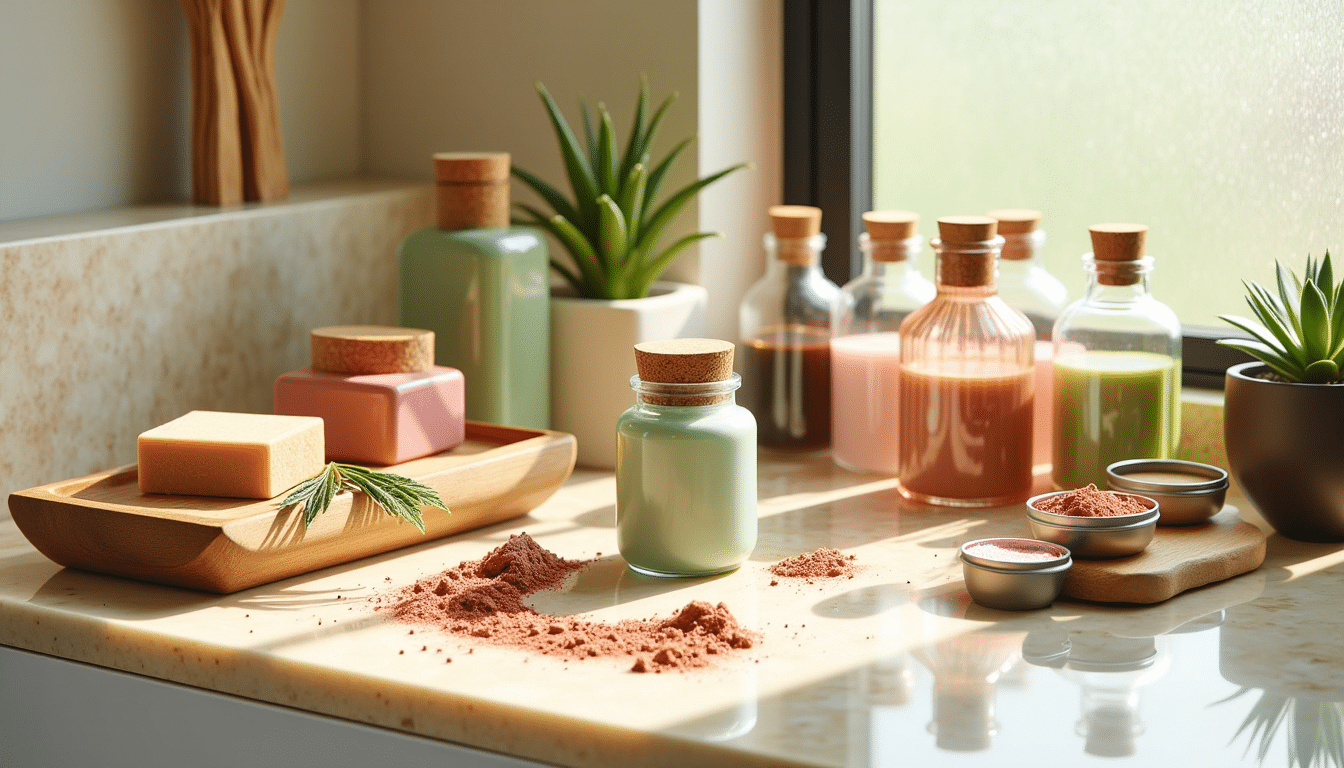Eco-friendly beauty products arranged on a modern bathroom counter with natural materials and soft, earthy tones.