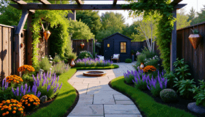 A compact garden with a curved stone path, vibrant flowers, and a jasmine-draped pergola under warm evening light.