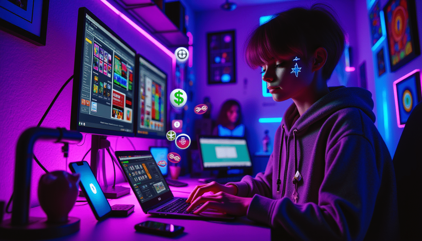 British teen in LED-lit bedroom using laptop and multiple screens to manage online income streams like eBay, YouTube, and Depop.