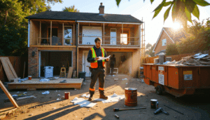 Frustrated homeowner reviews blueprints outside a partially renovated British house on a sunny day, with builders working behind.