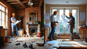 Split-screen of British home renovation showing chaotic DIY vs. organized professional upgrade with plans and energy-efficient features.