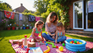Young mother and two kids crafting on a picnic blanket in a lively British garden on a sunny summer afternoon.