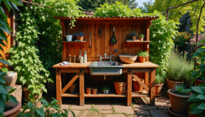 Rustic wooden potting bench in a sunny garden, with tools, seedlings, and climbing plants in a peaceful, productive setting.