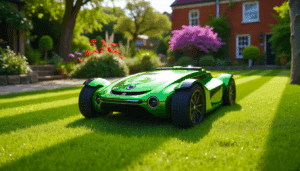 Robotic lawnmower trims lush grass in a sunlit suburban garden with striped patterns, flowers, and a brick house in view.