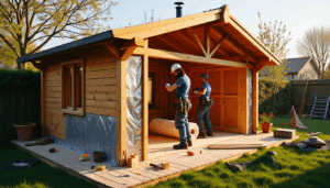 Cutaway view of a garden shed insulation process, showing layered construction with workers in a sunny morning garden setting.
