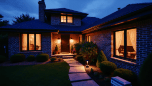 Modern suburban home at dusk with visible smart security features, illuminated path, and a safe, well-maintained appearance.