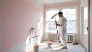 Decorator in clean overalls applying mist coat to plastered wall in sunlit room with tools, dust sheets, and paint supplies.