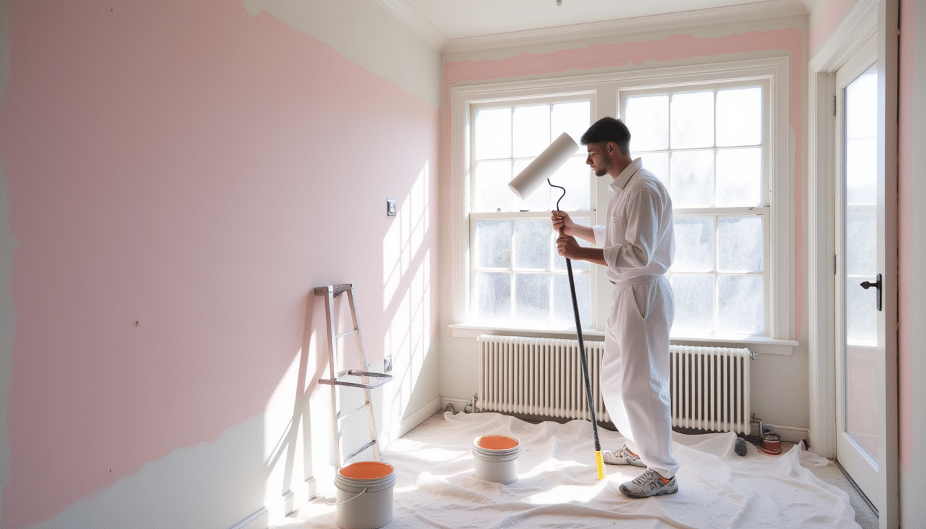 Decorator in clean overalls applying mist coat to plastered wall in sunlit room with tools, dust sheets, and paint supplies.