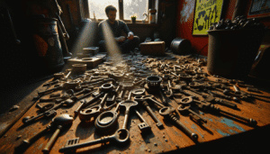 Craftsperson sorting vintage and modern keys on a workshop bench, with a focus on recycling and sustainable reuse.