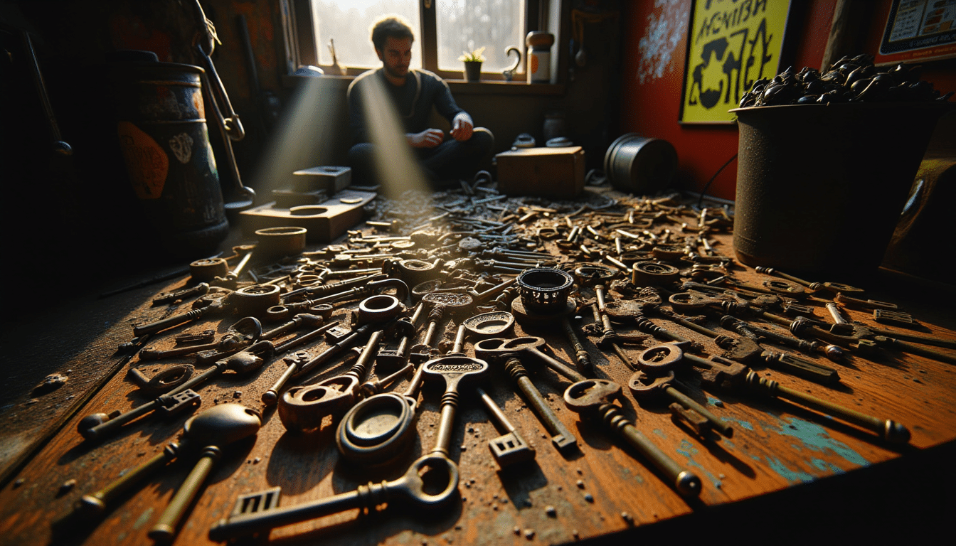 Craftsperson sorting vintage and modern keys on a workshop bench, with a focus on recycling and sustainable reuse.