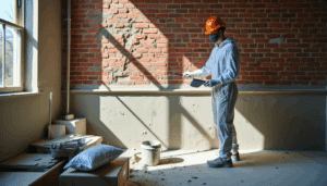 Plasterer in dust-covered suit applies fresh render to a Victorian brick wall in a sunlit indoor renovation scene.