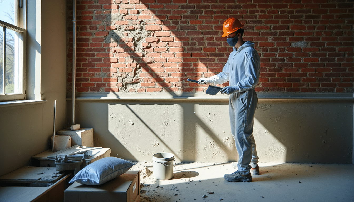 Plasterer in dust-covered suit applies fresh render to a Victorian brick wall in a sunlit indoor renovation scene.
