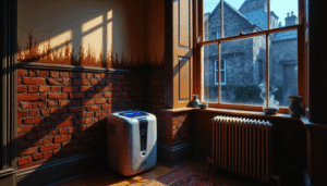 Cross-section of a damp Victorian terrace wall with stains, dehumidifier, and ventilation, showing causes and fixes for moisture issues.