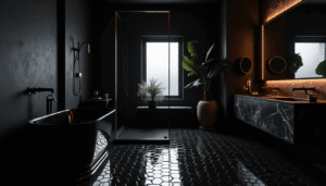 Modern black bathroom with matte walls, glossy hex floor tiles, brass accents, and a freestanding tub under soft ambient lighting.