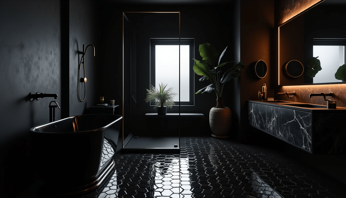 Modern black bathroom with matte walls, glossy hex floor tiles, brass accents, and a freestanding tub under soft ambient lighting.