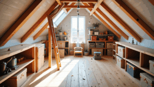 Bright, organized attic with oak flooring, custom pine shelves, and natural light from a dormer window, showcasing smart loft storage.