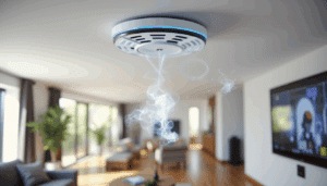Modern smart smoke detector on white ceiling in high-tech living room with glowing LED, test smoke, and networked devices.