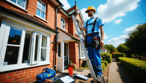 Property maintenance worker on ladder inspecting gutters of a red brick UK rental home on a sunny summer day.