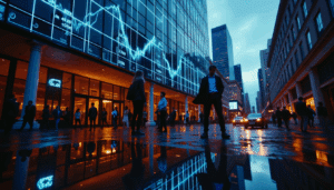 Young couple reviews mortgage documents outside modern Bank of England at twilight, amid falling rates and moody financial backdrop.
