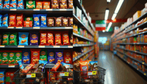 Split-screen of British supermarket shelf showing 2020 vs 2024 products, highlighting shrinkflation with reduced sizes at same prices.