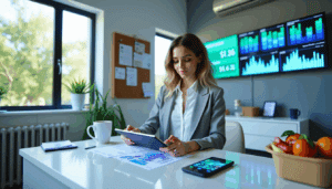 Financial advisor at a modern desk analyzing budget data on screens, promoting smart savings in a bright, tech-savvy office.
