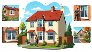 Spring maintenance scene at a British semi-detached house with homeowner inspecting roof and gutters, plus seasonal upkeep vignettes.