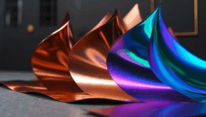 Close-up of colorful stainless steel sheets in a fan layout, showcasing polished metallic finishes under studio lighting.