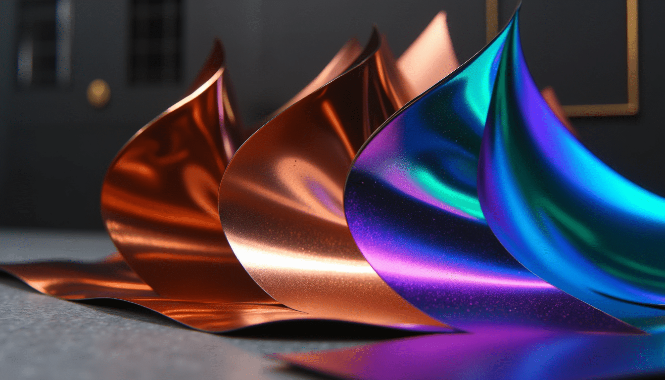 Close-up of colorful stainless steel sheets in a fan layout, showcasing polished metallic finishes under studio lighting.