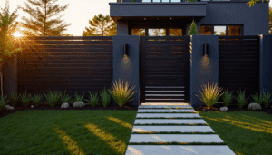 Modern matte black aluminum slat fence with sliding gate, lit at golden hour beside a sleek urban home and minimalist landscaping.