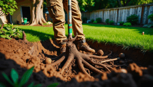 Landscaper removing thick tree roots in a sunny backyard to prepare soil for artificial grass installation.