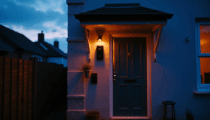 Modern British home at dusk with smart lights, security cameras, and doorbell showcasing integrated home security system.