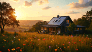 Modern eco-home with solar panels in Yorkshire countryside at golden hour, surrounded by wildflowers and trees.