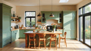 Bright modern kitchen with sage green cabinets, wood island, and large windows in a contemporary British home.