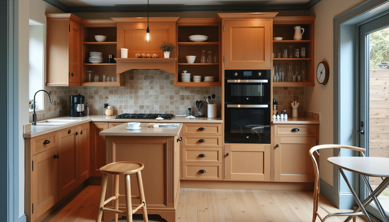 Compact British kitchen with pull-out larders, corner carousels, and tall cabinets in soft lighting.
