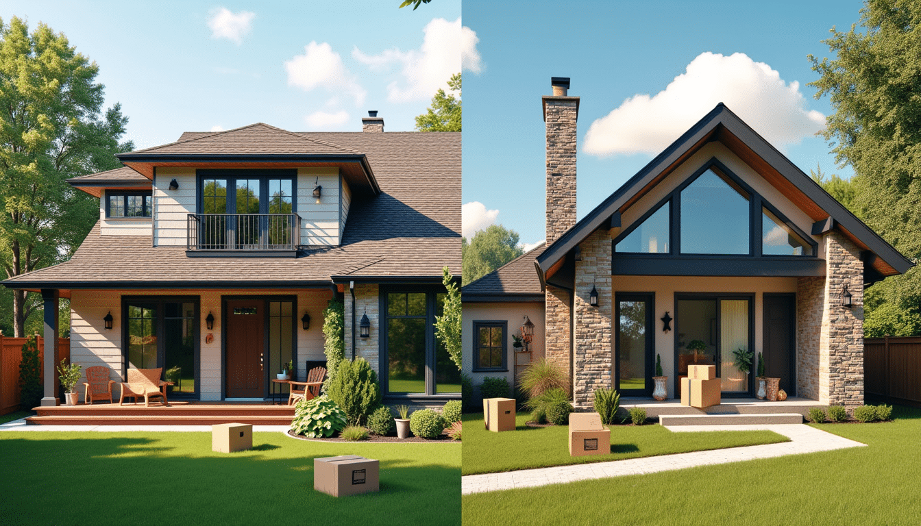 Split view of large home and smaller bungalow with moving boxes, symbolizing downsizing decision.