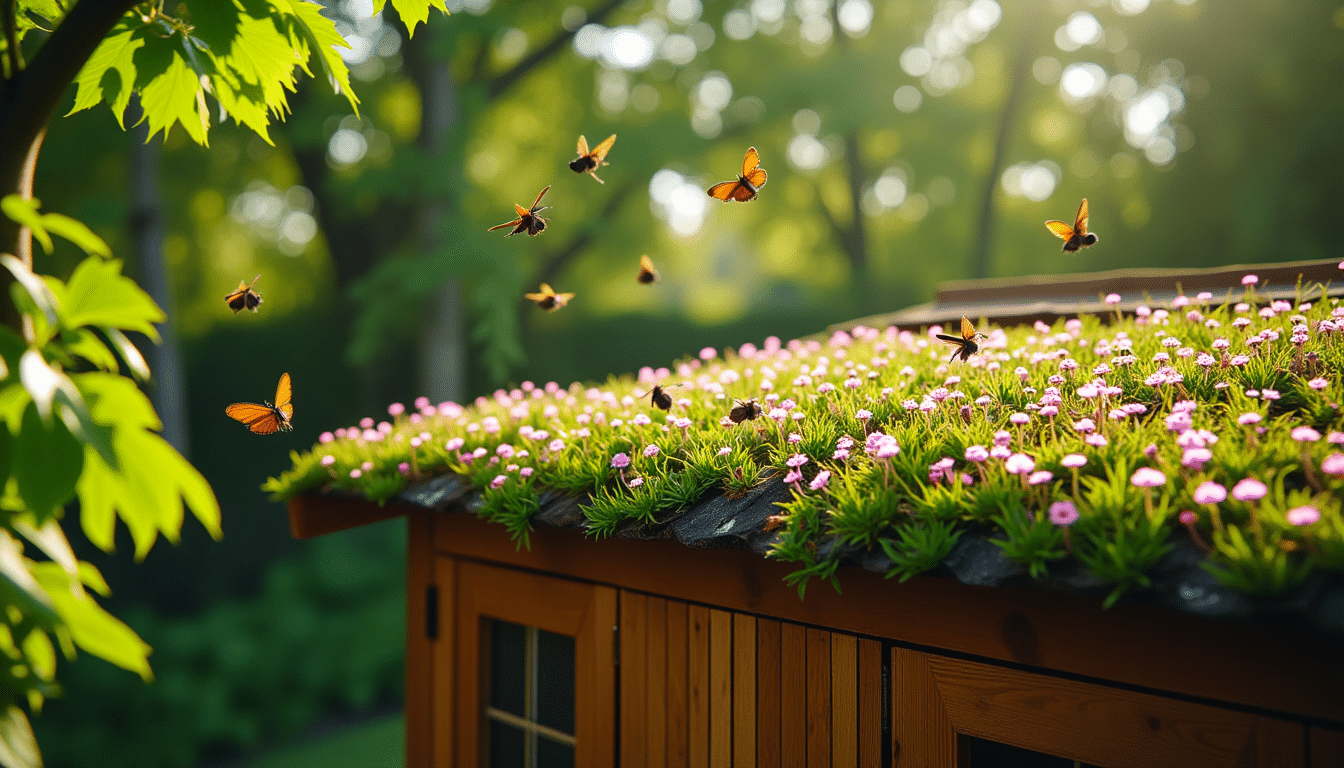 Green sedum roof on garden shed with pink flowers, bees, and butterflies in sunny garden setting