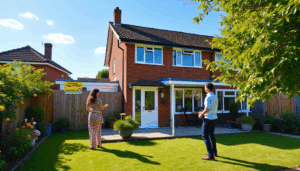 Estate agent measuring outside a modern British semi-detached house with garden and For Sale sign on a sunny day.
