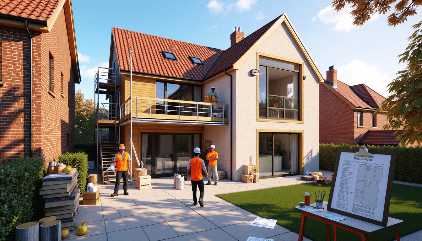 Modern UK home mid-renovation with workers, scaffolding, and cost indicators showing eco upgrades and kitchen extension progress.