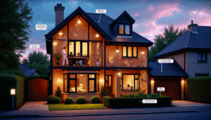 Cross-section of a modern British semi-detached home showing summer security features on a warm evening with labeled elements.