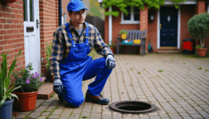 Plumber in blue overalls kneeling by open drain on British driveway with tools scattered in daylight.