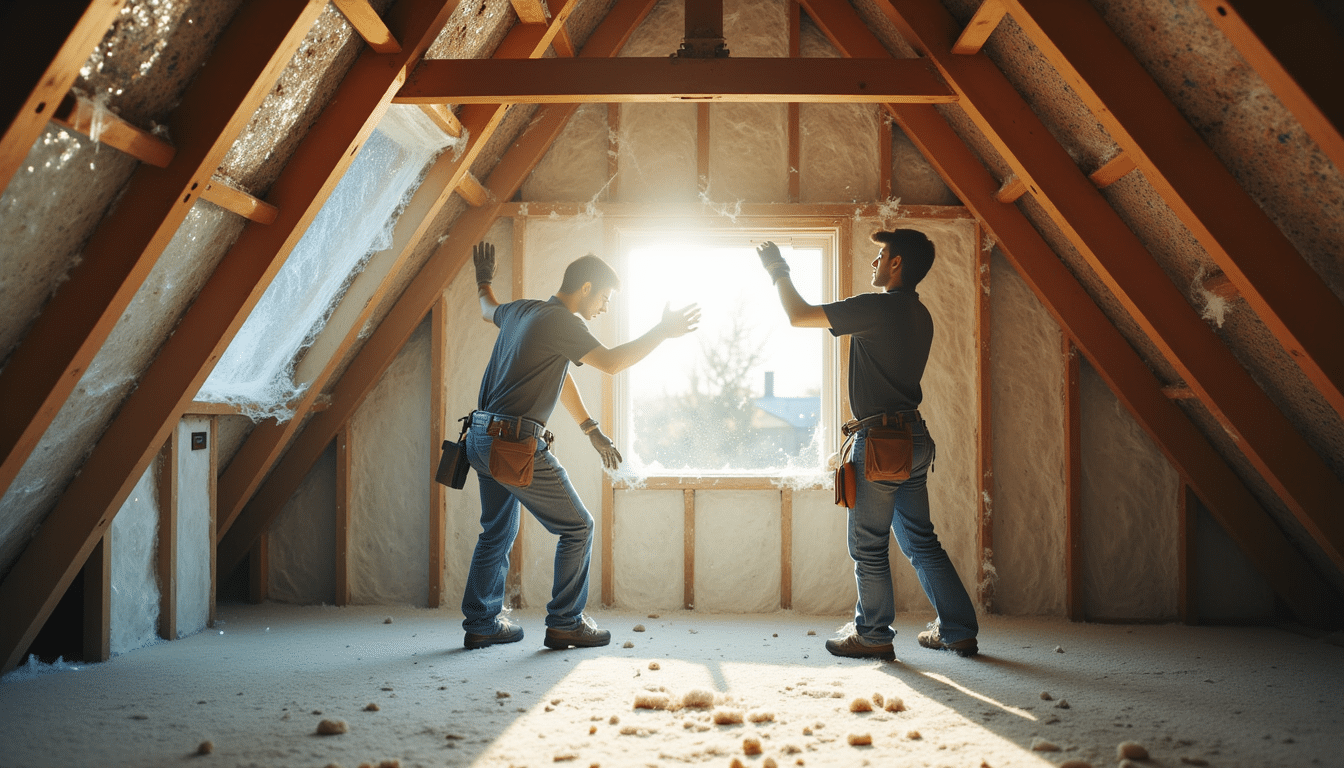 Workers installing insulation in sunlit residential loft with visible dust particles in air