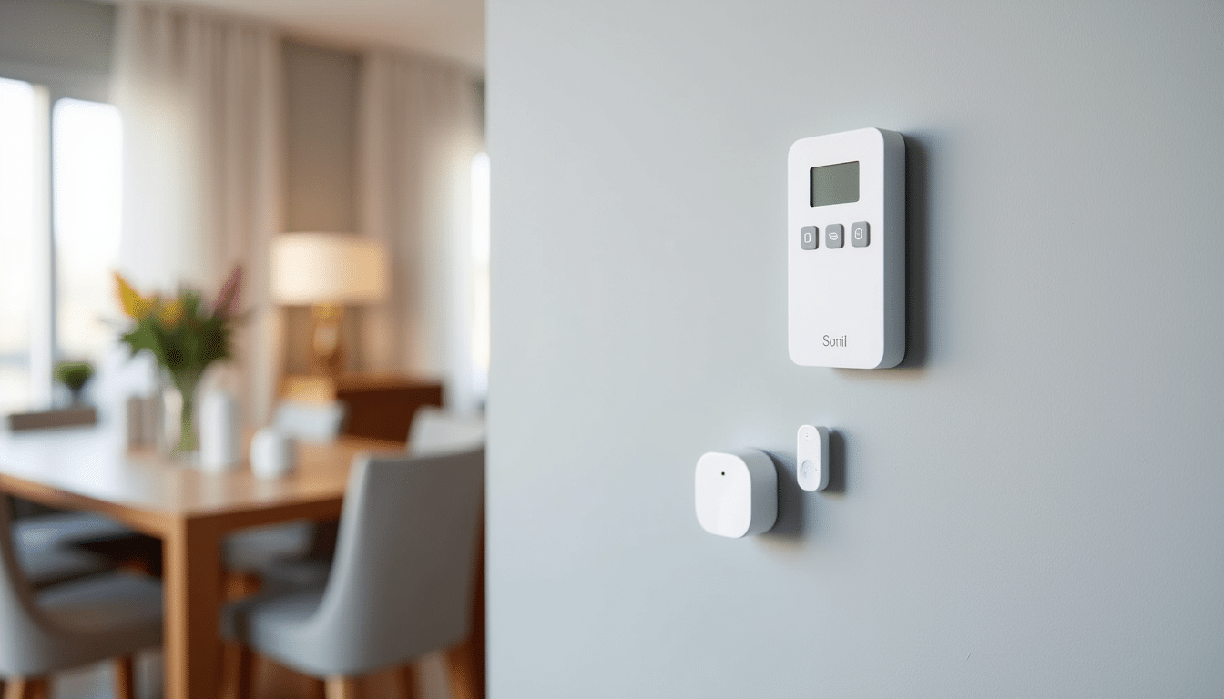 Minimalist SimpliSafe base station and keypad on gray wall in modern apartment with wireless sensors visible