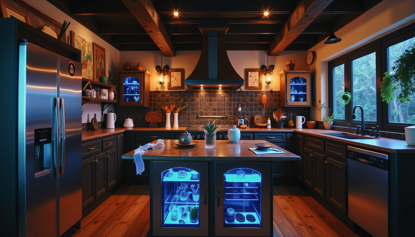 Modern kitchen with stainless steel appliances, blue LED displays, and glossy countertops under warm lighting