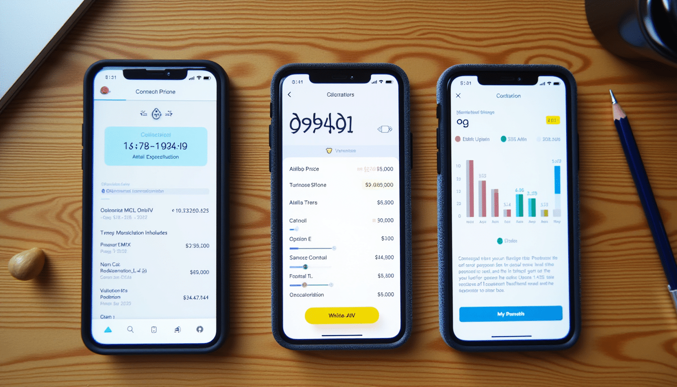 Three smartphones with property valuation apps showing house prices on a wooden desk