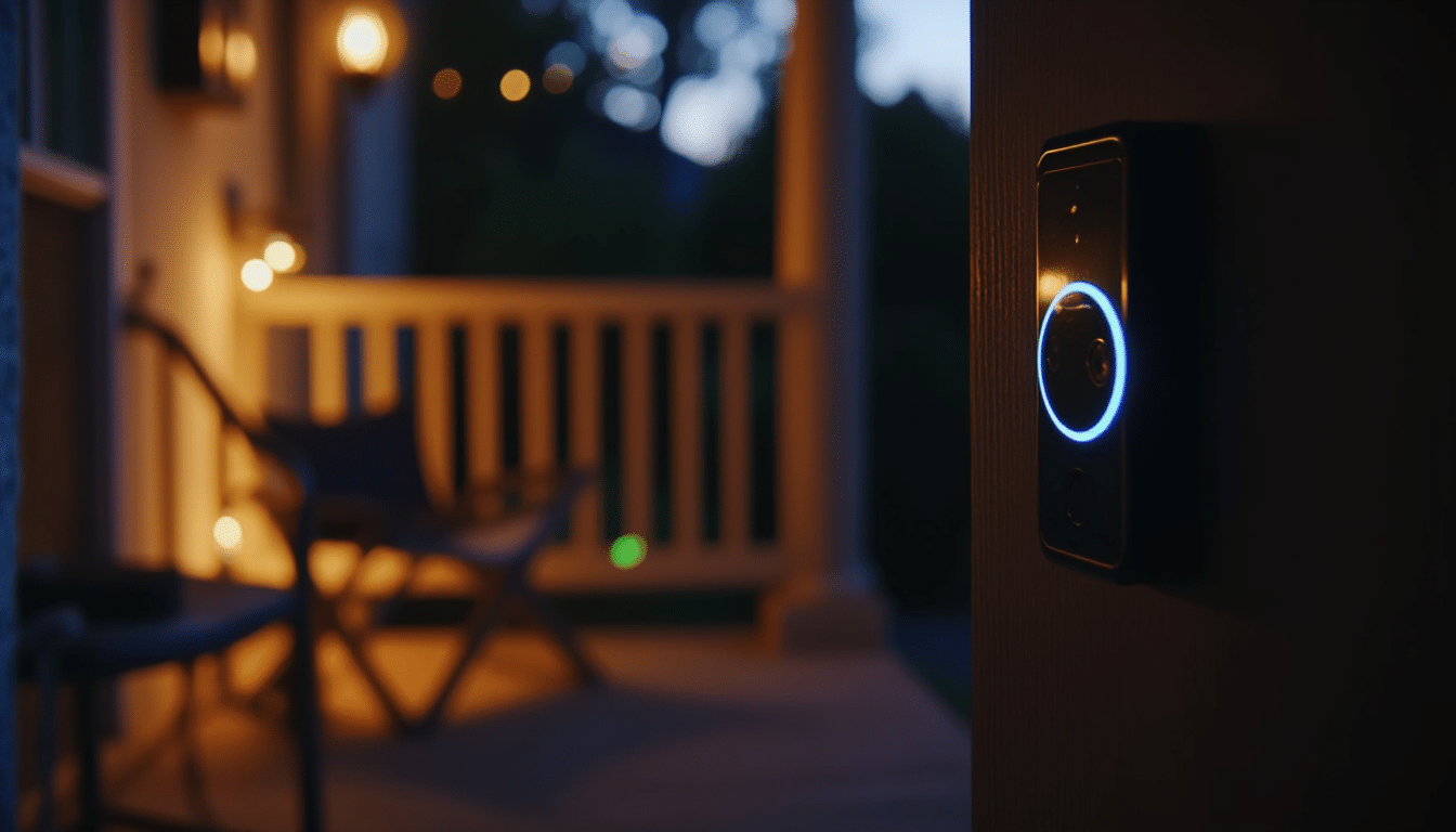 Close-up of black Ring Pro doorbell with LED ring on, recording night vision on a lit front porch