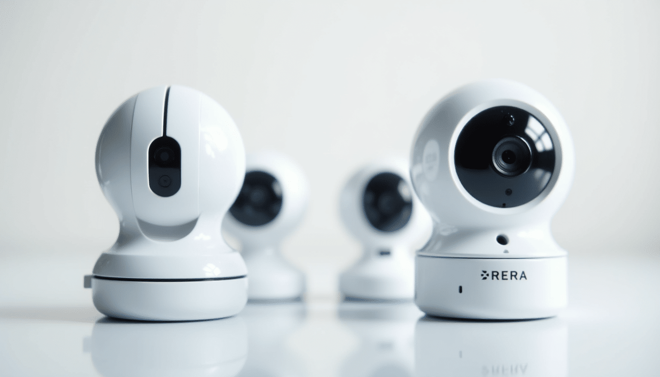 Side-by-side view of various security cameras on white surface under studio lighting highlighting size and design differences.